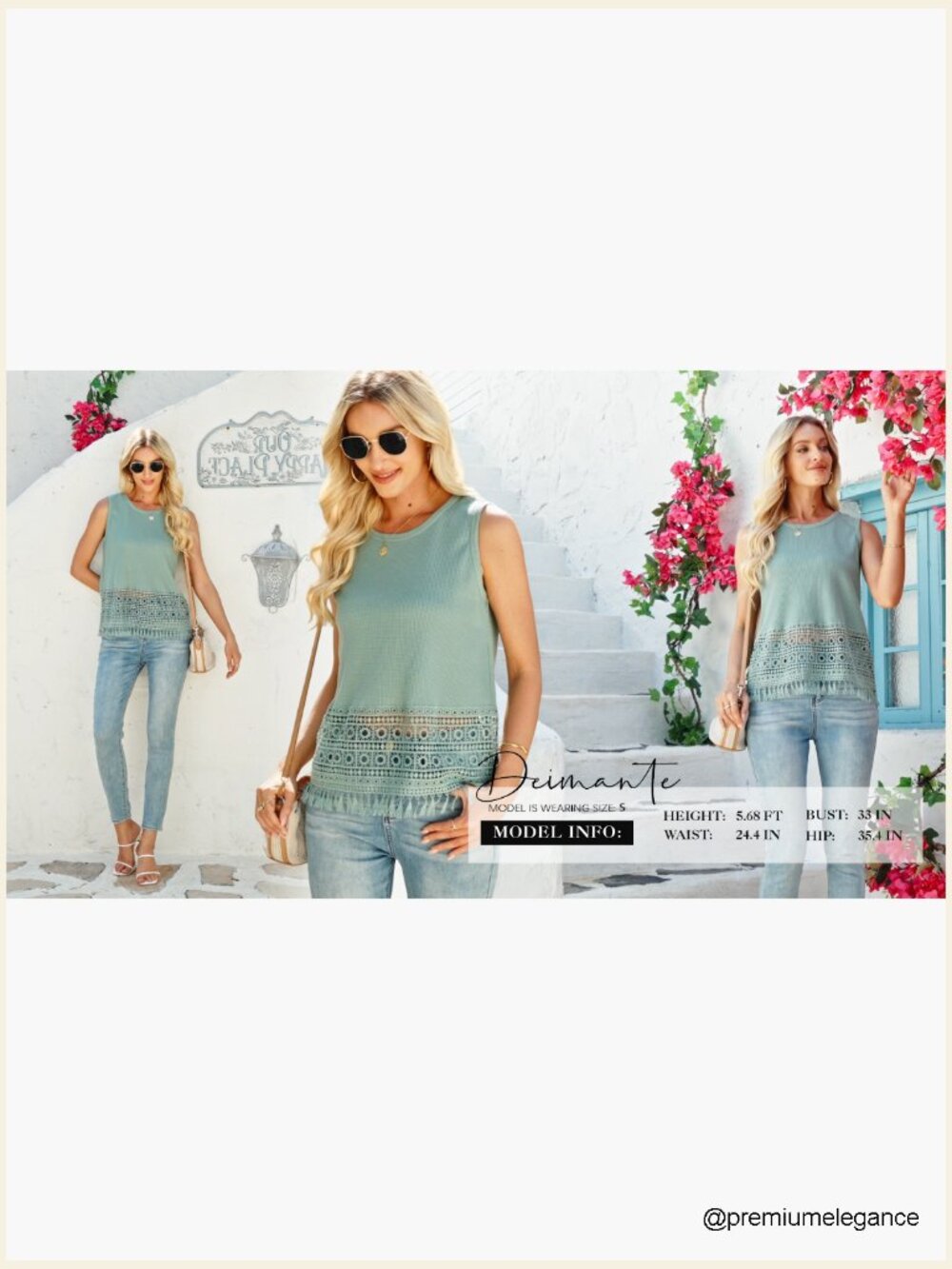 Waffle Knit Lace Crochet Boho Tank Top Sleeveless Crewneck Casual Vacation - Picture 6 of 6